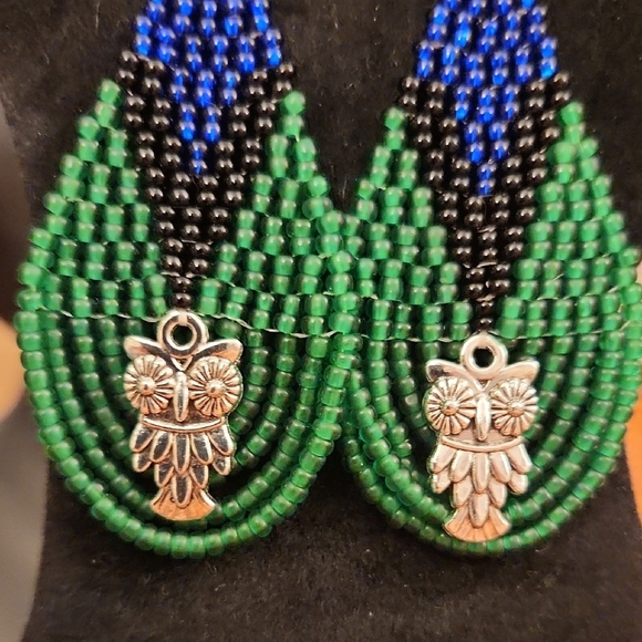 Hand Crafted Green and Blue Beaded Earrings With an Owl Charm - Picture 2 of 4